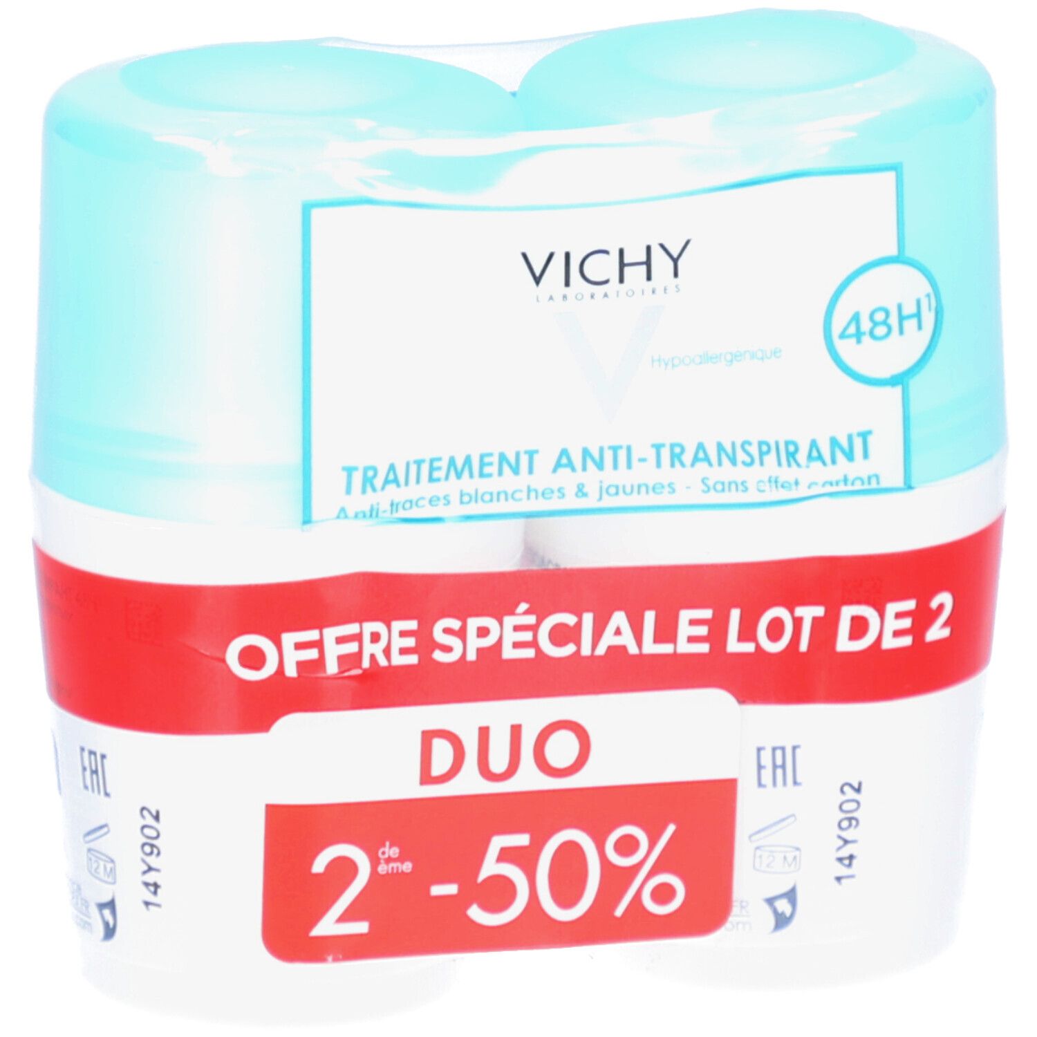 Confezione duo di Vichy Anti-Transpirant 48H. Confezione in plastica. Scritta rossa 'Offre Spéciale Lot de 2'. Flaconi bianchi e blu.