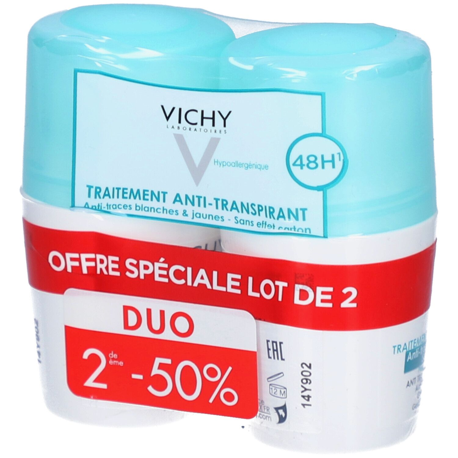 Confezione duo di Vichy Anti-Transpirant 48H. Confezione in plastica. Scritta rossa 'Offre Spéciale Lot de 2'. Flaconi bianchi e blu.