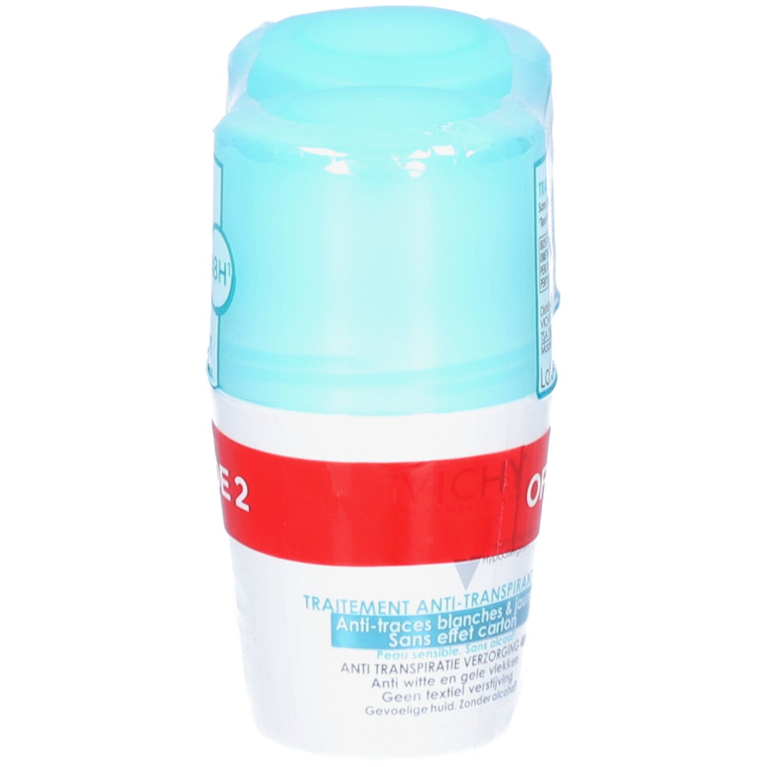 Roll-on Vichy Anti-Transpirant 48H. Singola bottiglia in film. Tappo blu, corpo bianco con fascia rossa. Scritte in francese e olandese.