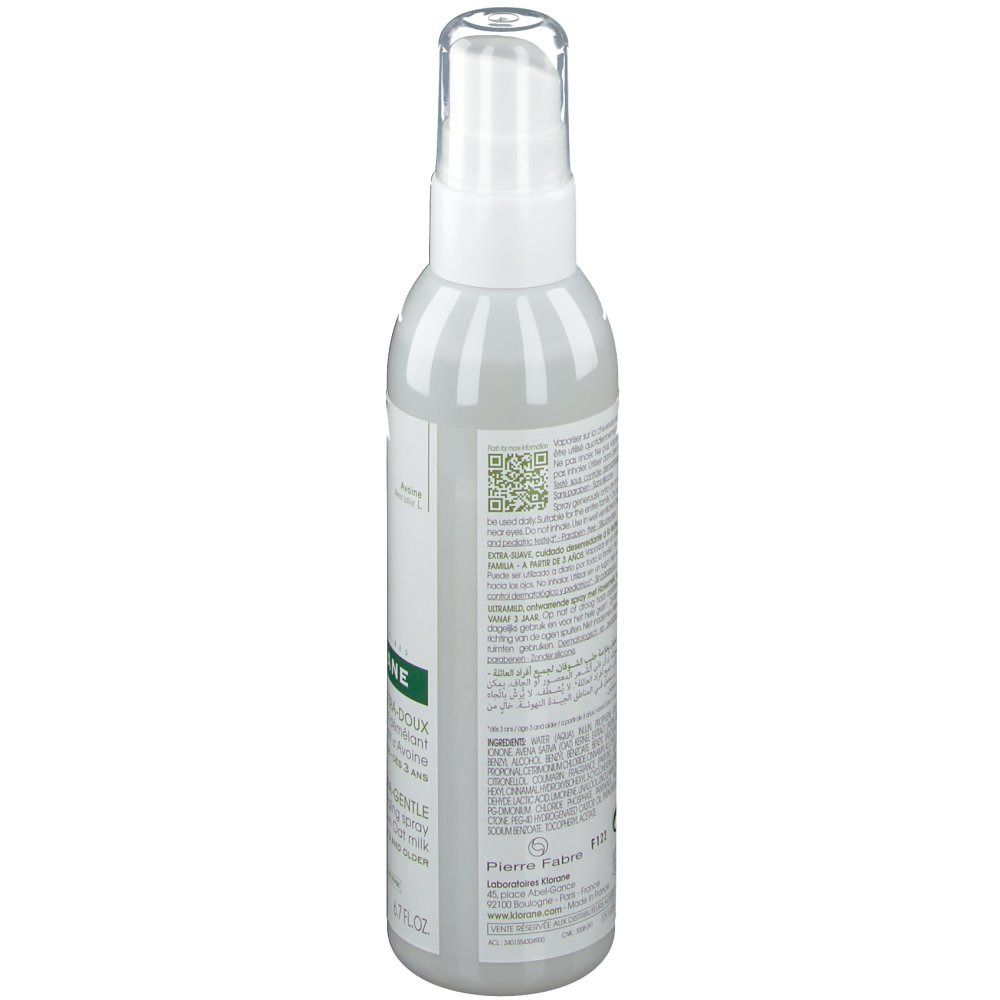 Retro del flacone spray bianco. Etichetta con testo e codice QR. Scritta: Pierre Fabre.