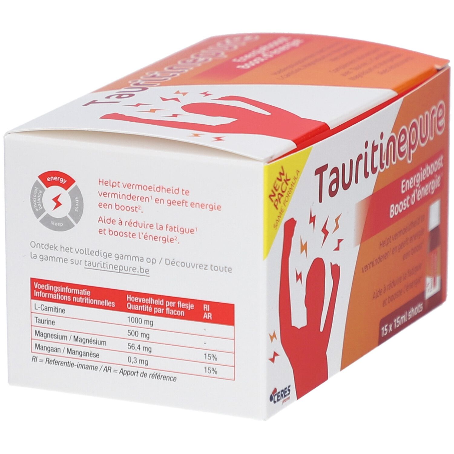 Scatola Tauritinepure. Contiene informazioni nutrizionali. Testo: Energieboost. Contiene L-Carnitina, Taurina, Magnesio.