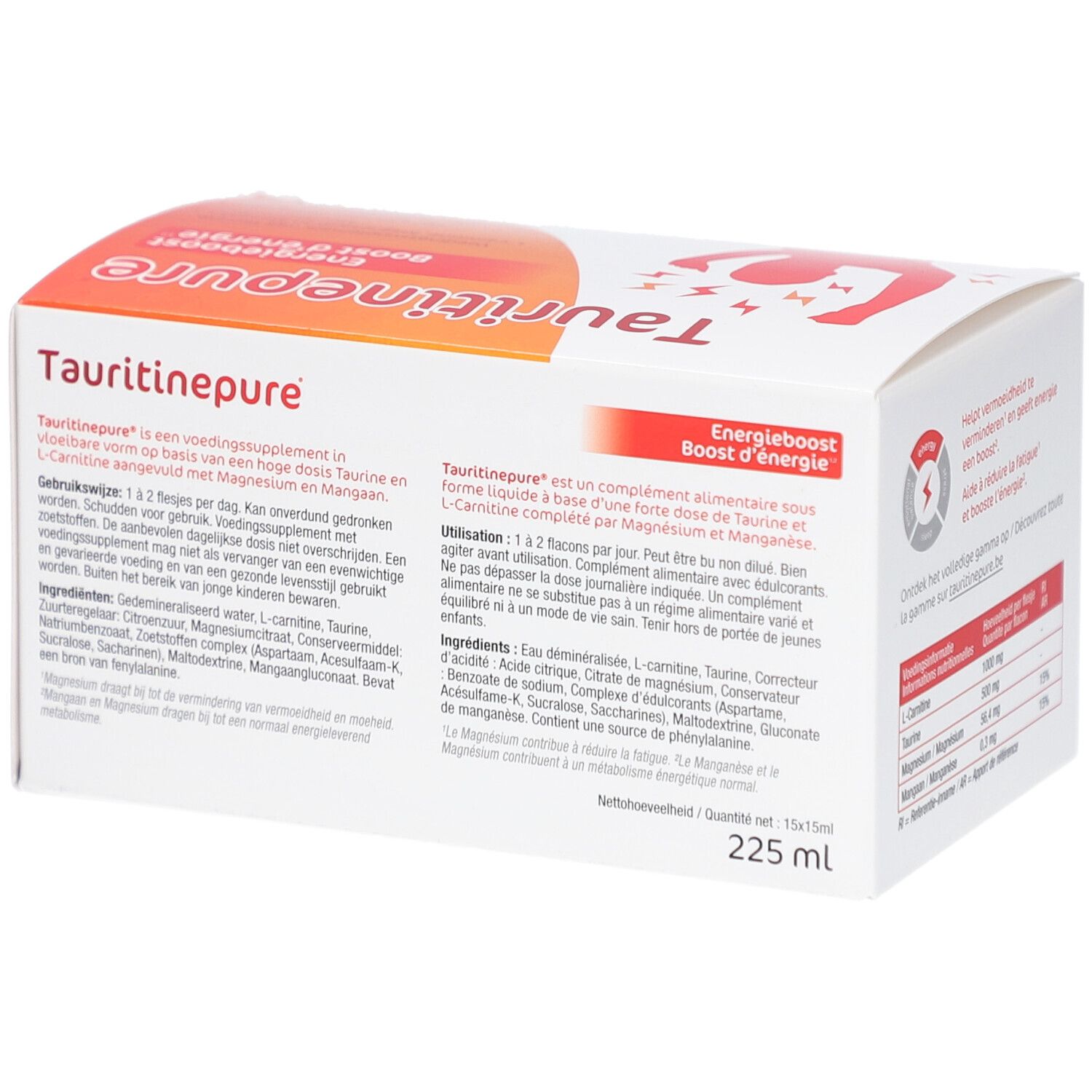 Scatola Tauritinepure. Testo: Energieboost. Contiene 225ml. Contiene L-Carnitina, Taurina, Magnesio.