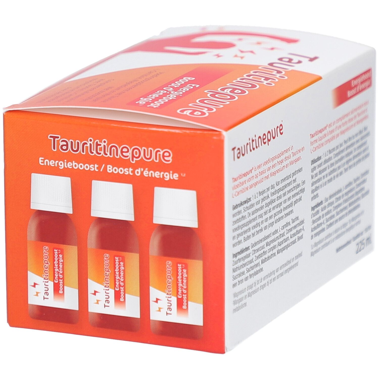 Scatola Tauritinepure. Contiene 3 shot. Testo: Energieboost. Contiene 225ml. Contiene L-Carnitina, Taurina.