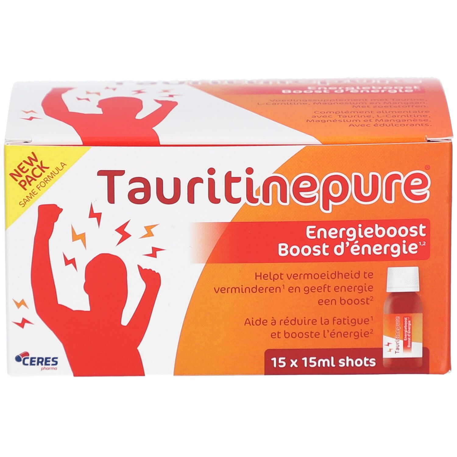 Scatola Tauritinepure. Testo: Energieboost. Contiene 15 shot. Aiuta a ridurre la fatica.