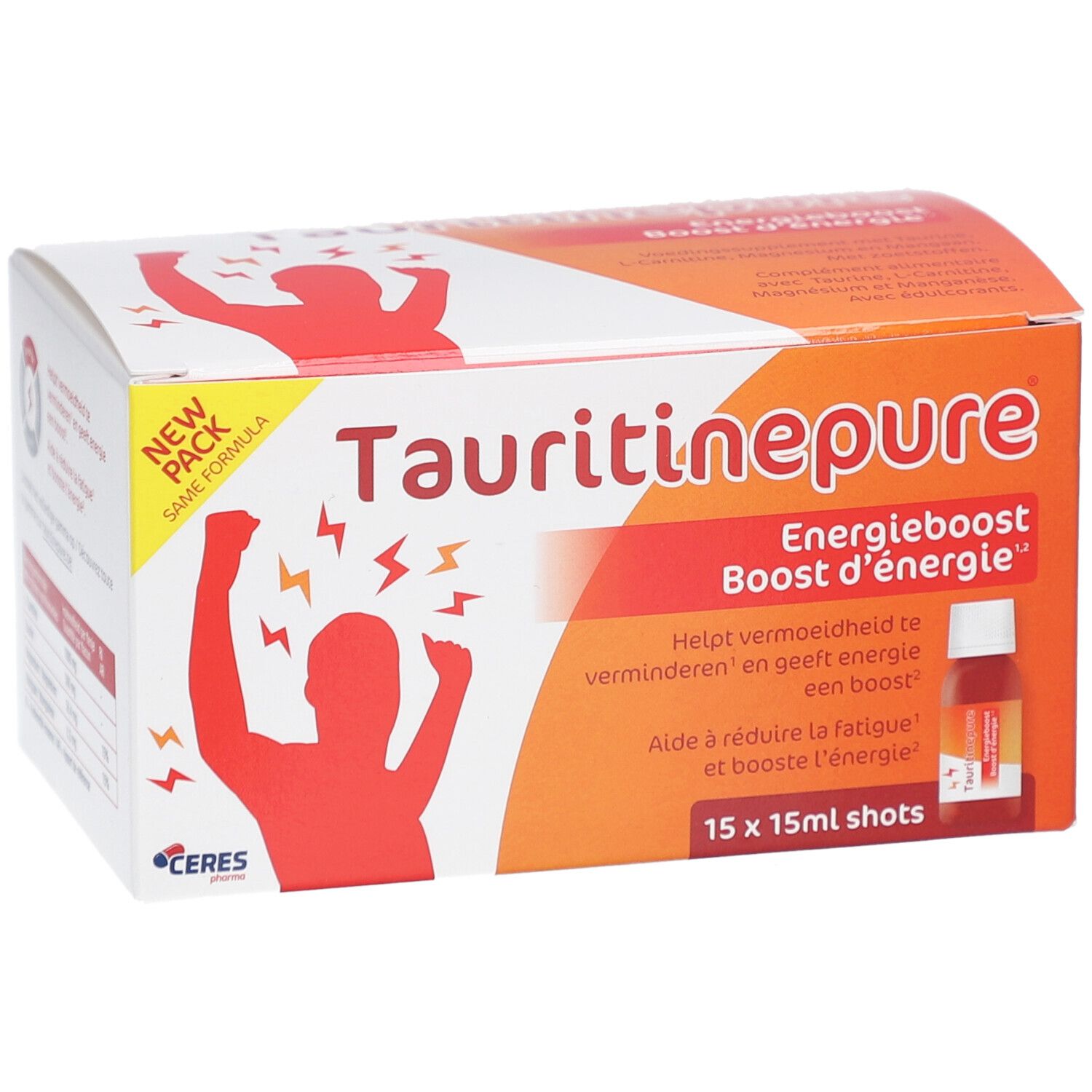 Scatola Tauritinepure. Testo: Energieboost. Contiene 15 shot. Aiuta a ridurre la fatica.