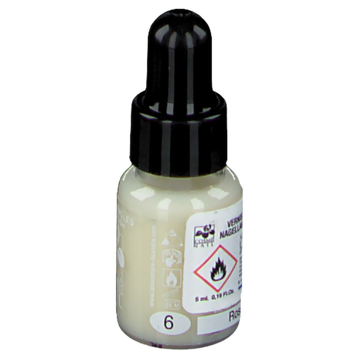 Flacone di smalto, tappo nero. Scritta: 6, 5 ml. Colore: Rosa.