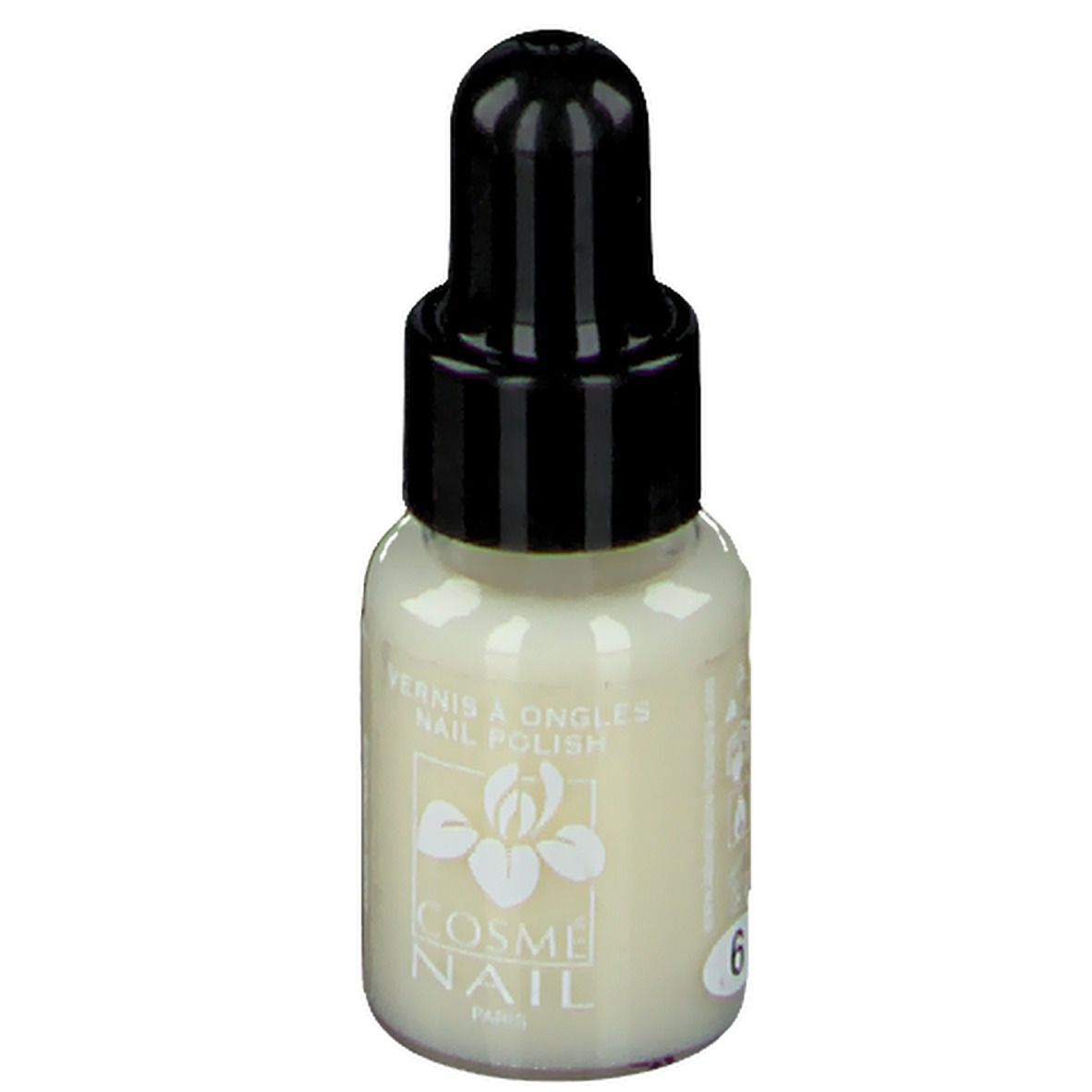 Flacone di smalto, tappo nero. COSMÈ NAIL Paris. Colore crema. Numero 6.