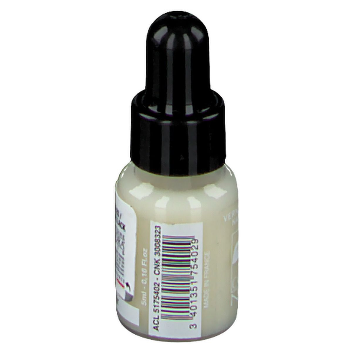 Flacone di smalto, tappo nero. Scritta: 5ml. Colore crema.