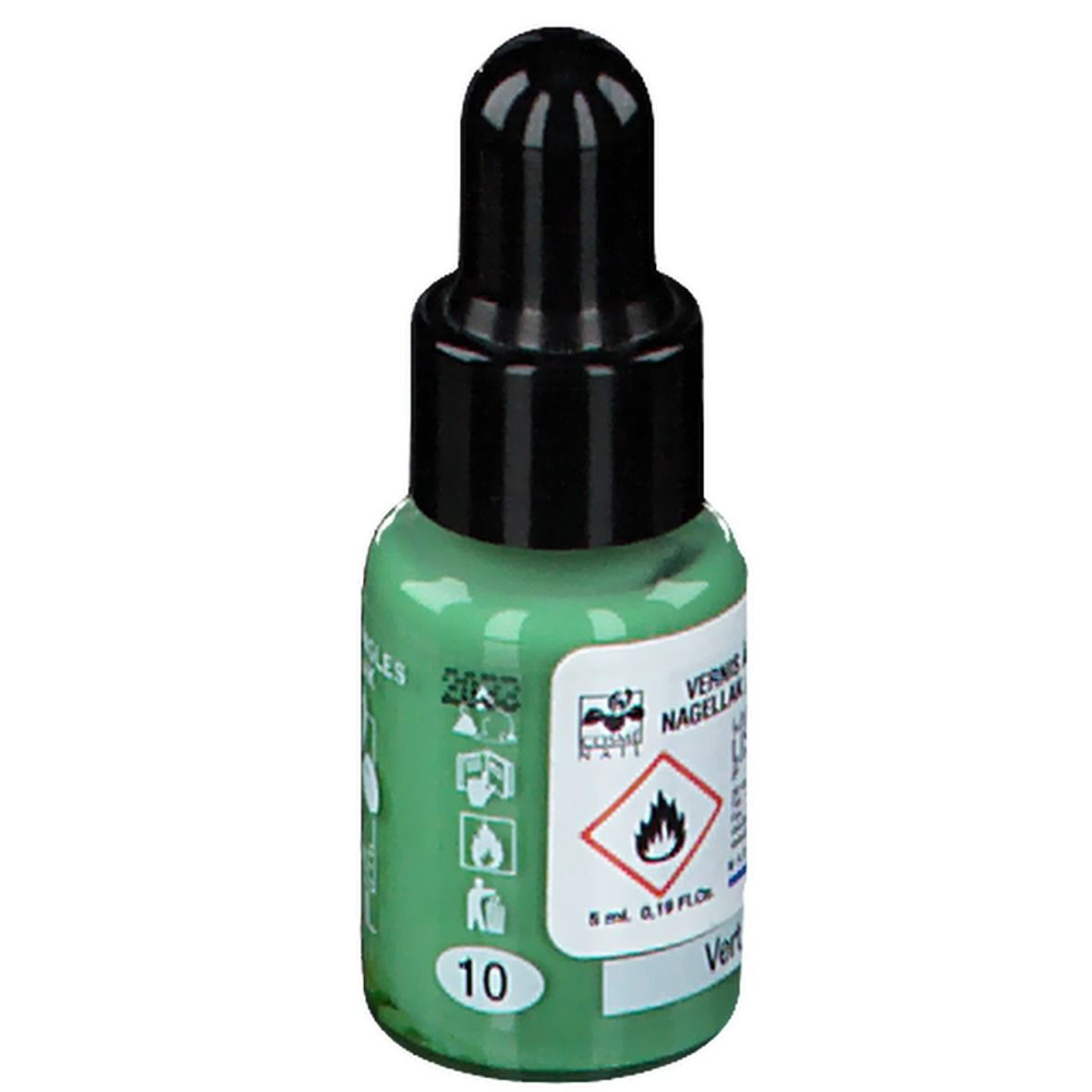 Flacone di smalto verde chiaro con tappo nero. Scritta: Nagellack. Avvertenza. Colore: verde chiaro.