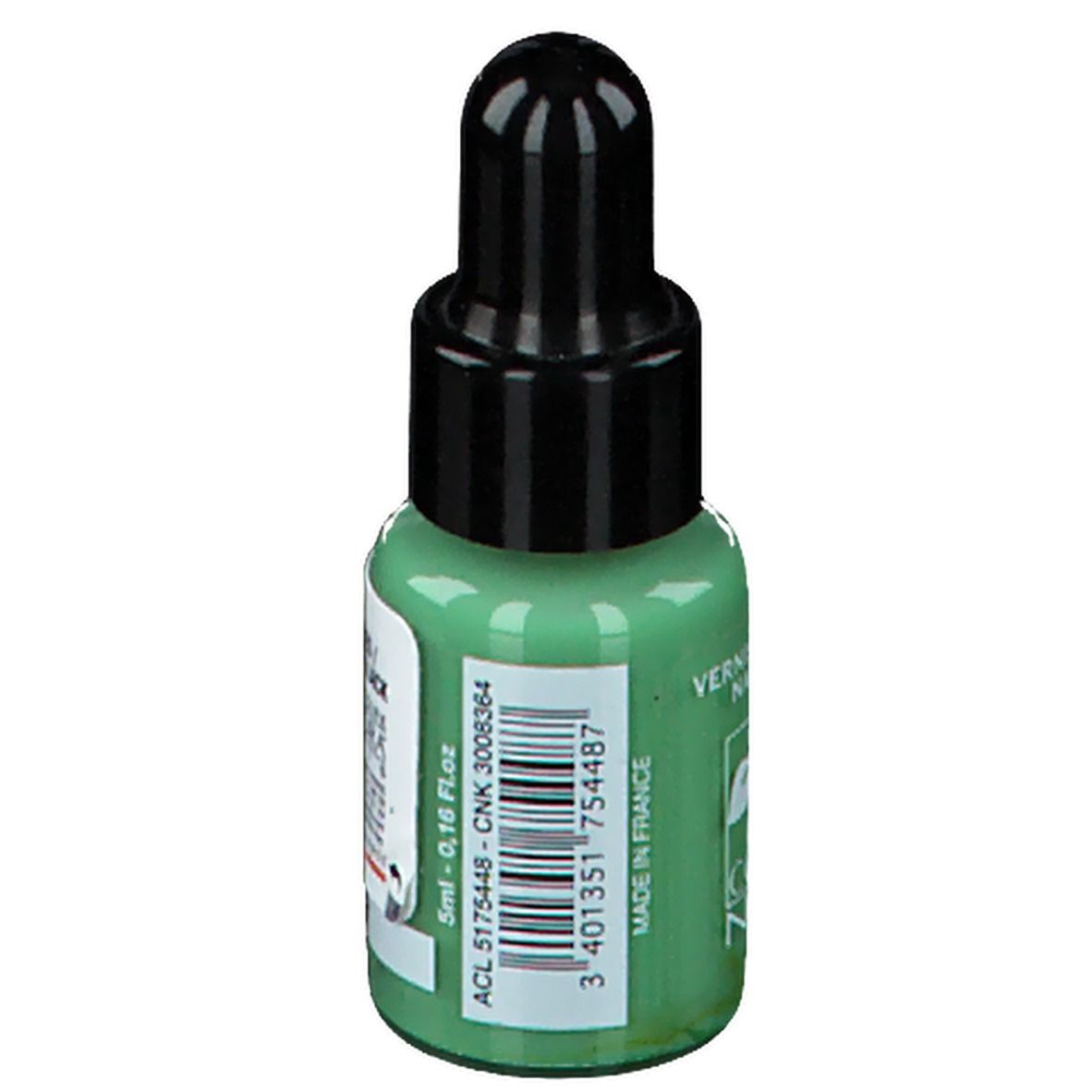 Flacone di smalto verde chiaro con tappo nero. Scritta: 5ml. Prodotto in Francia. Codice a barre.