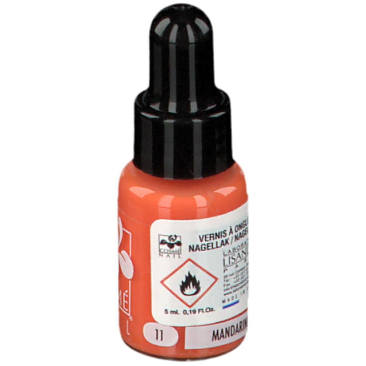 Flacone di smalto arancione, tappo nero. Scritta: COSMÈ NAIL, Vernis á Ongle. Tonalità 11, Mandarin.