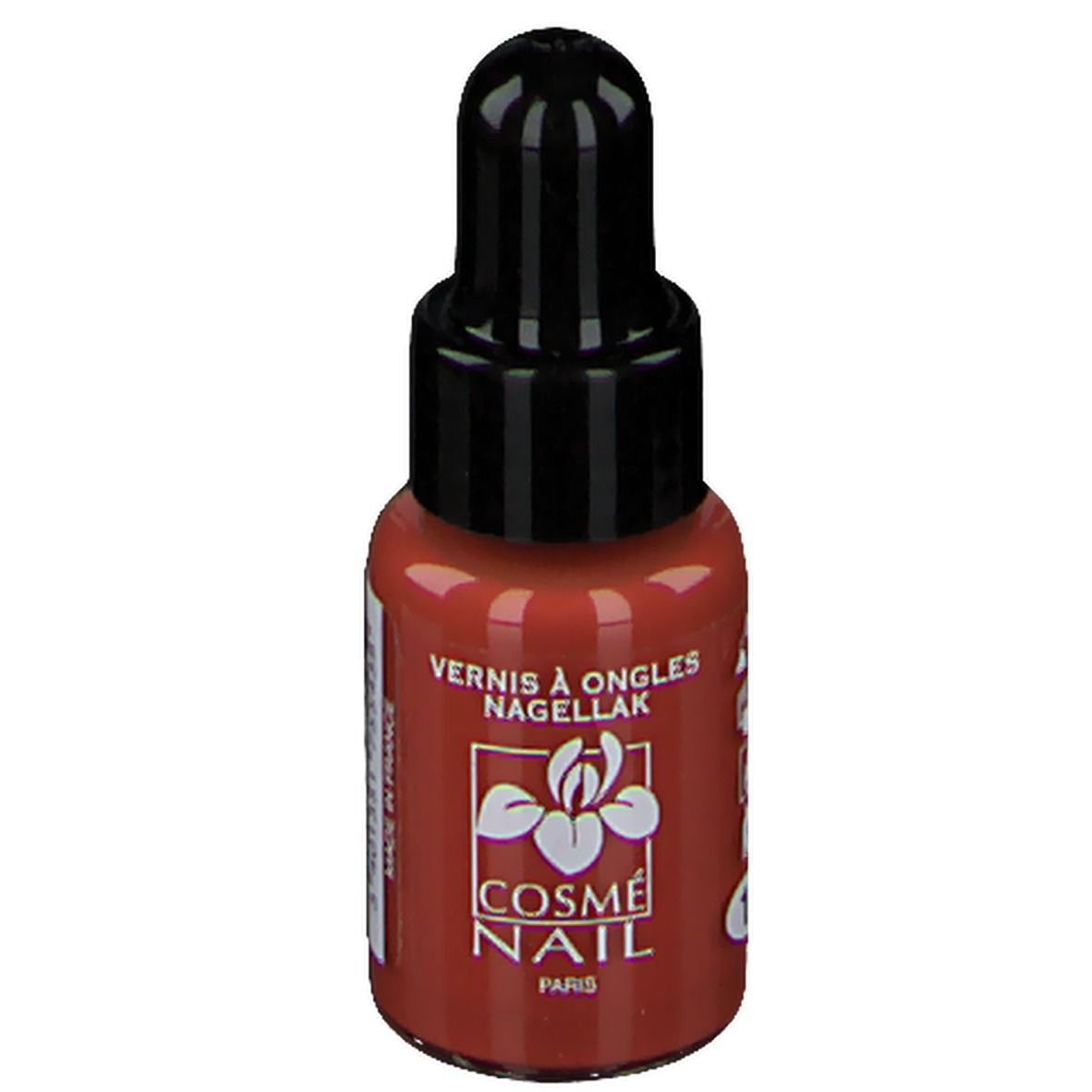 Flacone di smalto con tappo nero. Scritta: Cosmé Nail Paris. Colore: Marrone chiaro.