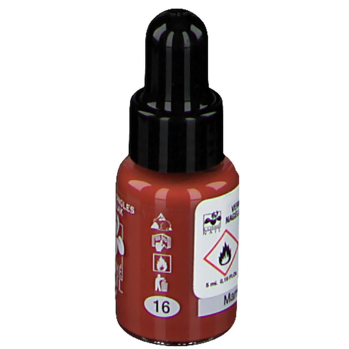 Flacone di smalto con tappo nero. Scritta: Nagellack. Colore: Marrone chiaro. Numero 16.