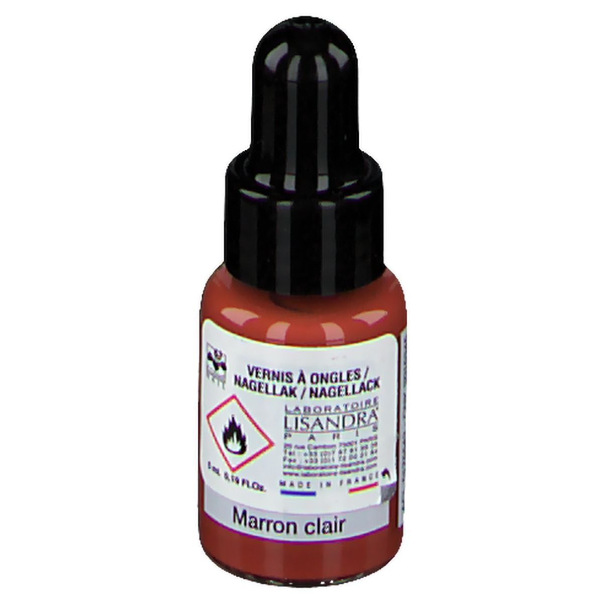 Flacone di smalto con tappo nero. Scritta: Nagellack/Marron clair. Marchio: Lisandra Paris. Avvertenza.