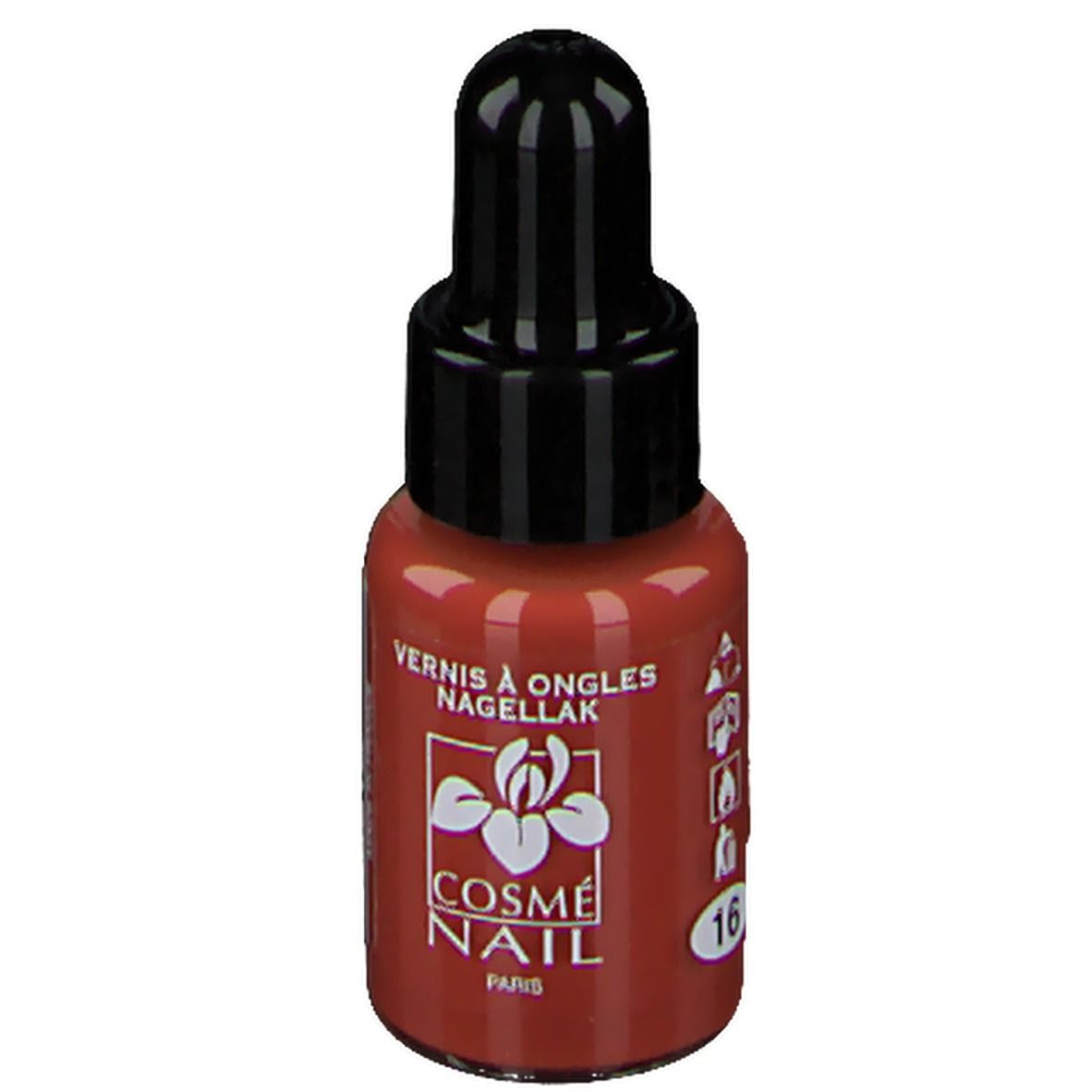 Flacone di smalto con tappo nero. Scritta: Cosmé Nail Paris. Colore: Marrone chiaro. Numero 16.
