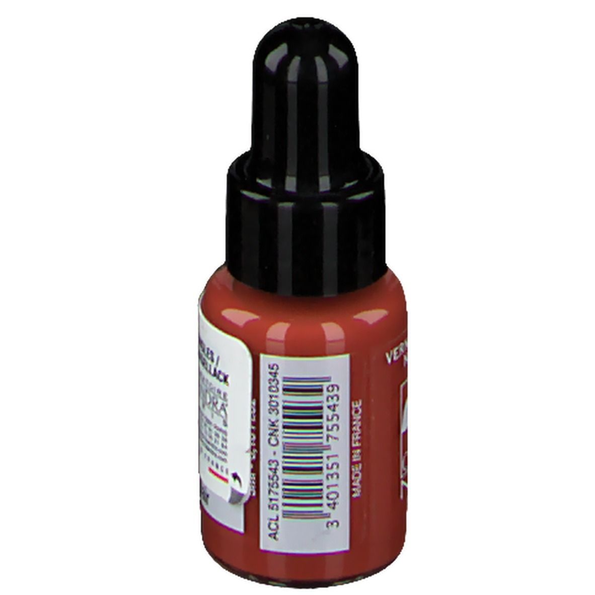 Flacone di smalto con tappo nero. Scritta: Nagellack. Codice a barre e testo: Made in France. Codice ACL.