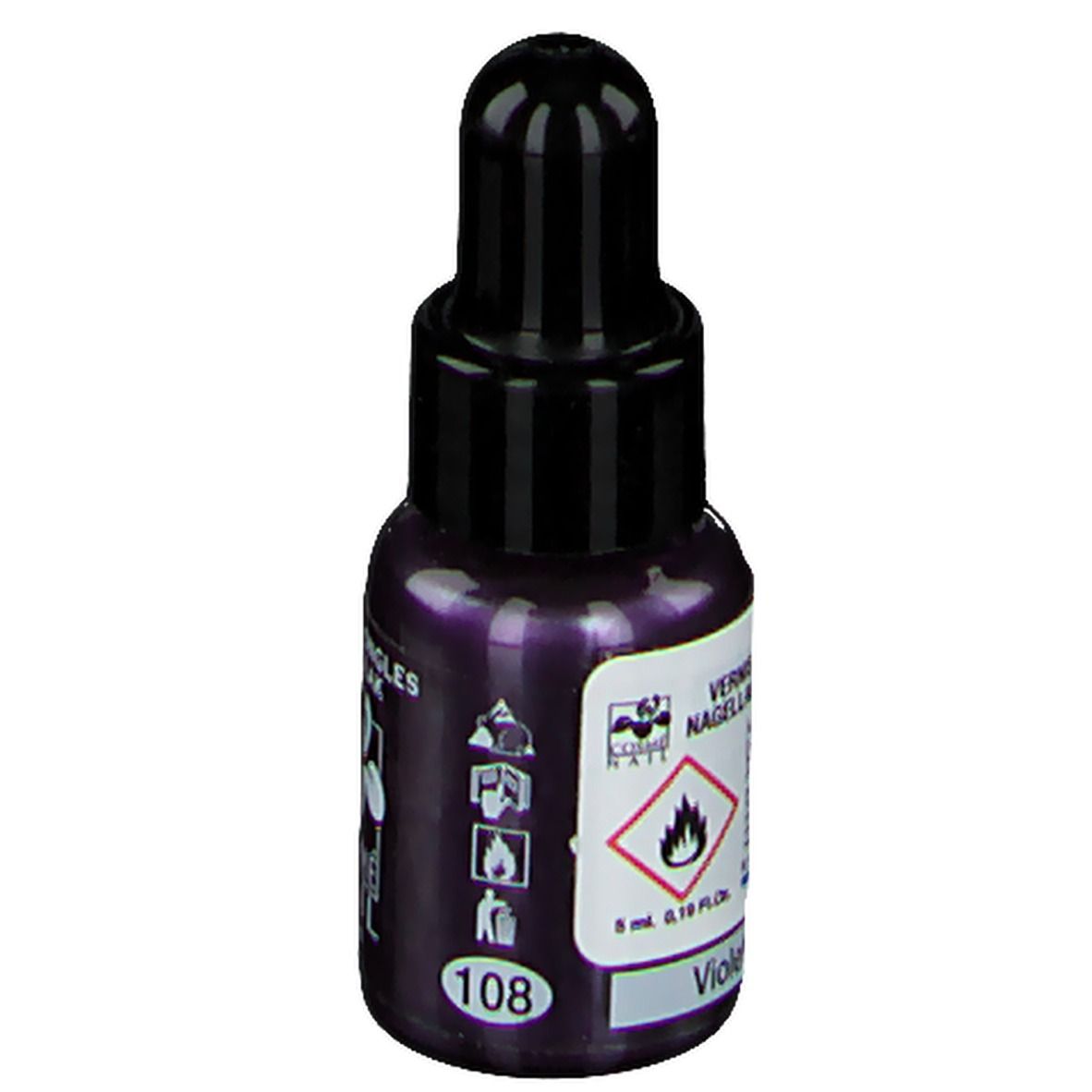 Flacone di smalto per unghie, viola. Tappo nero. Scritta: 108, Violet. Avvertenza. 5 ml.