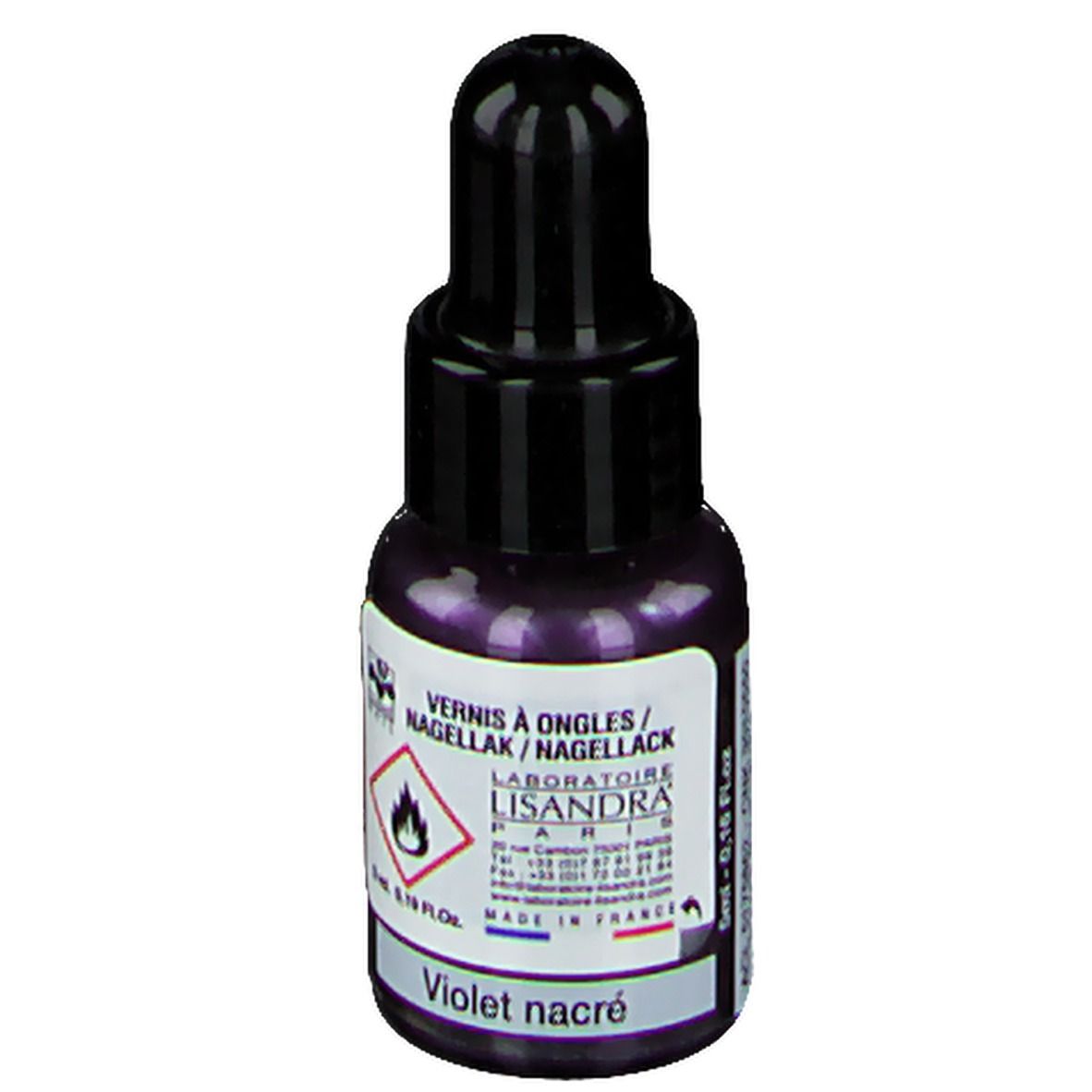 Flacone di smalto per unghie, viola. Tappo nero. Scritta: Violet nacré. Laboratoire Lisandra Paris. 5 ml.