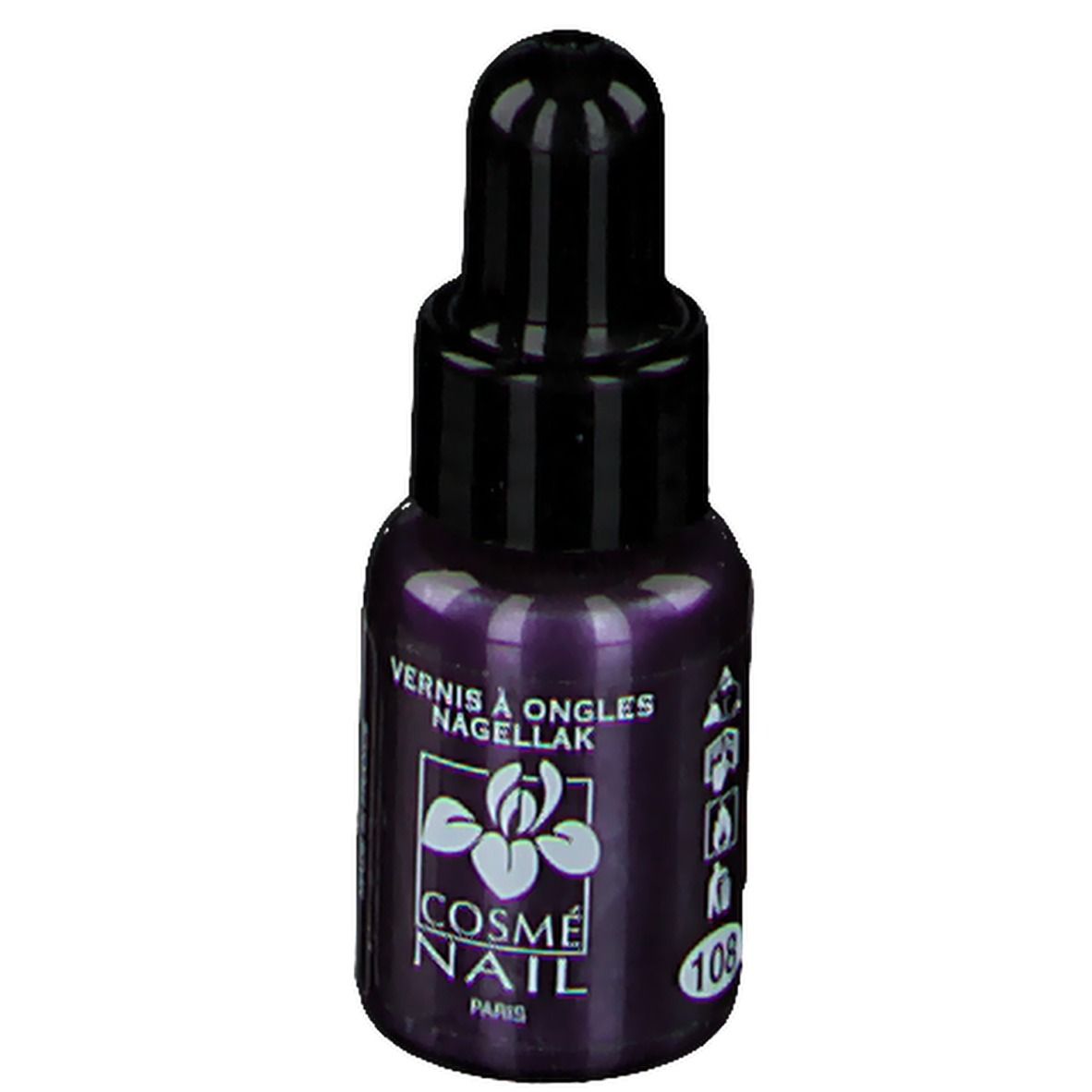 Flacone di smalto per unghie, viola. Tappo nero. Scritta: Cosmé Nail, Paris. Vernis à ongles. Nagellack.