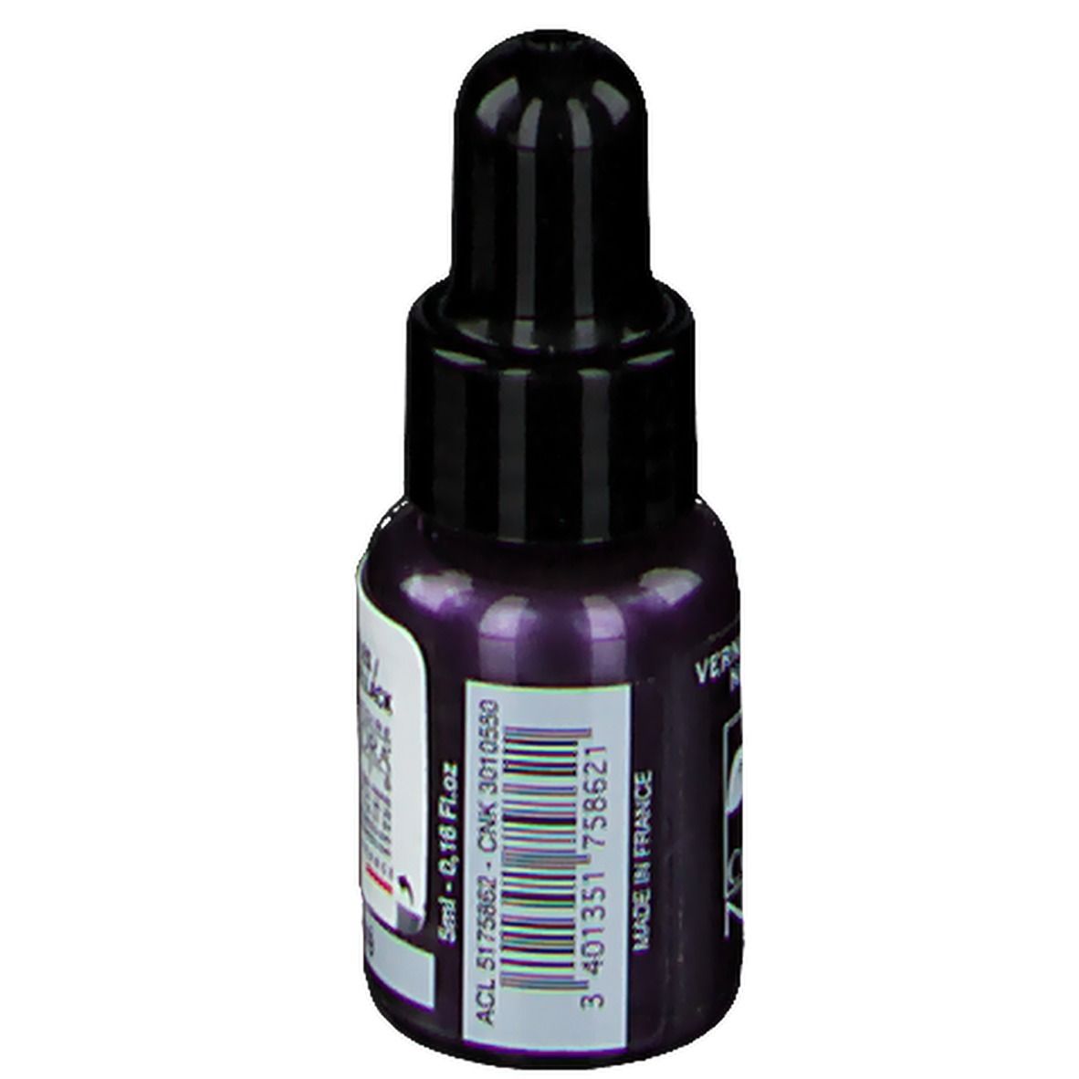 Flacone di smalto per unghie, viola. Tappo nero. Scritta: 5ml - 0,16 Fl.oz. Made in France. Codice a barre.