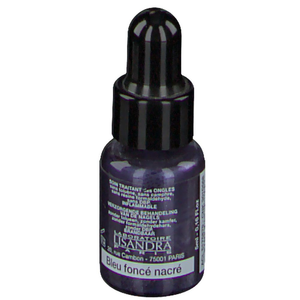 Flacone di smalto blu scuro perlato con tappo nero. Scritta: Bleu foncé nacré. Laboratoire Lisandra Paris.
