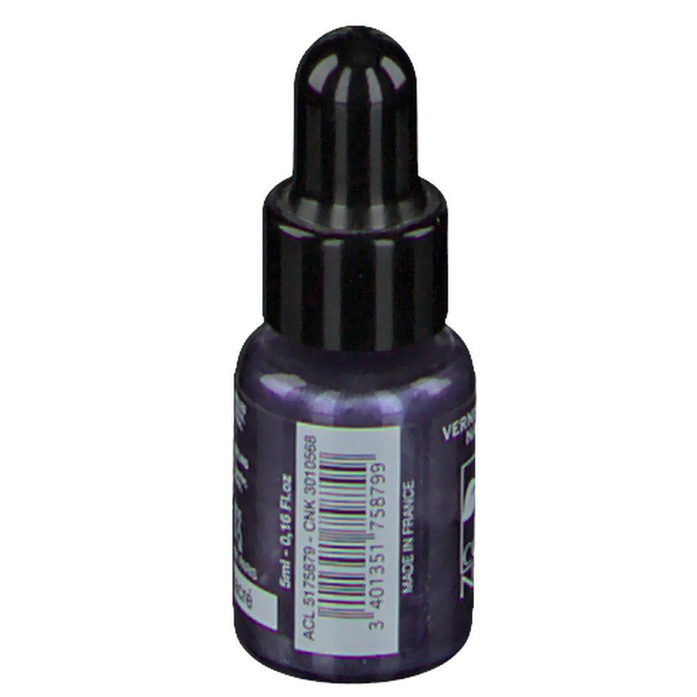 Flacone di smalto blu scuro con tappo nero. Scritta: 5ml - 0.16 Fl.oz. Codice a barre e Made in France.