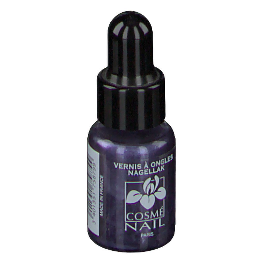 Flacone di smalto blu scuro con tappo nero. Scritta: Vernis à Ongles, Nagellak. Cosmé Nail Paris.