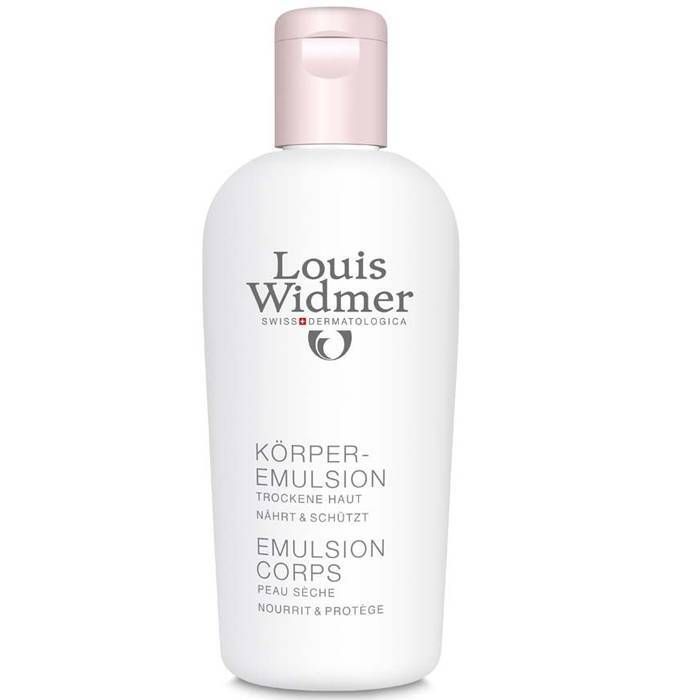 Flacone bianco con tappo rosa. Scritte: Louis Widmer, Emulsione Corpo, per pelle secca.