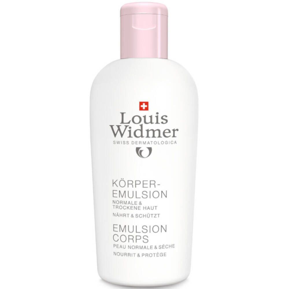Flacone bianco con tappo rosa. Scritta: Louis Widmer, Emulsione Corpo, per pelli normali e secche.