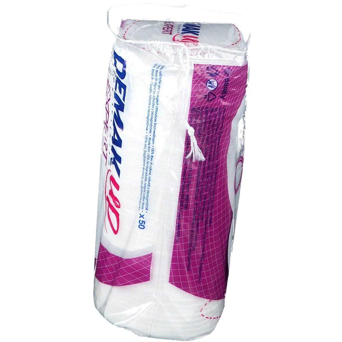 Confezione Demak'Up Baumwoll-Pads Duo. Pads in pellicola. Testo: 'Expert', 'Cotton Science', 'Ultra efficace'.