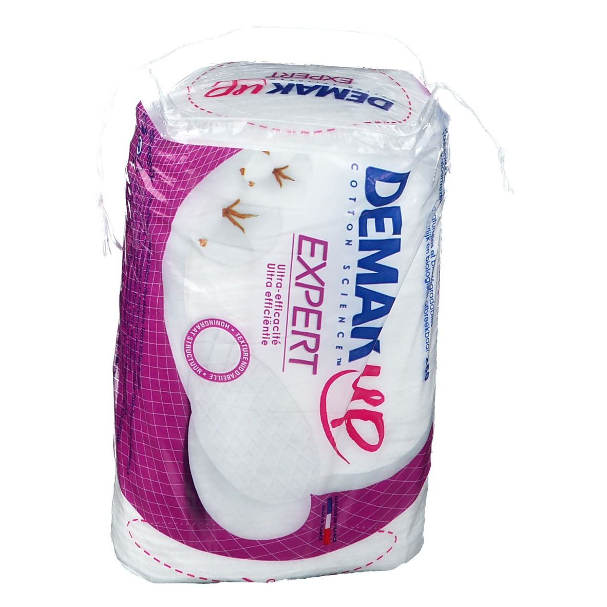 Confezione Demak'Up Baumwoll-Pads Duo. Pads in pellicola. Testo: 'Expert', 'Cotton Science', 'Ultra efficace'.