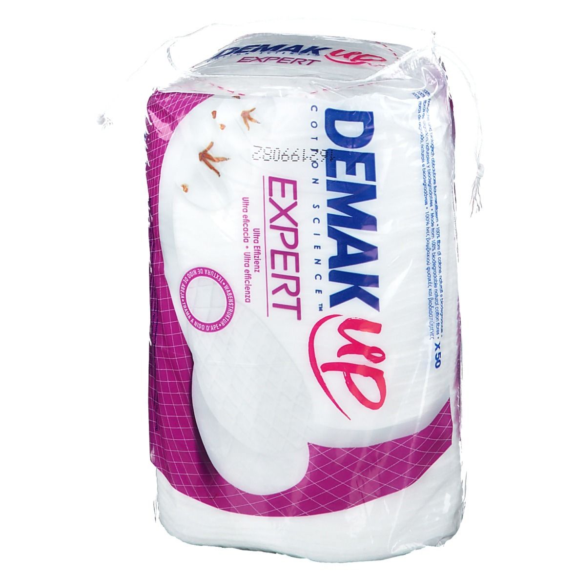 Confezione Demak'Up Baumwoll-Pads Duo. Pads in pellicola. Testo: 'Expert', 'Cotton Science', 'Ultra efficace'.