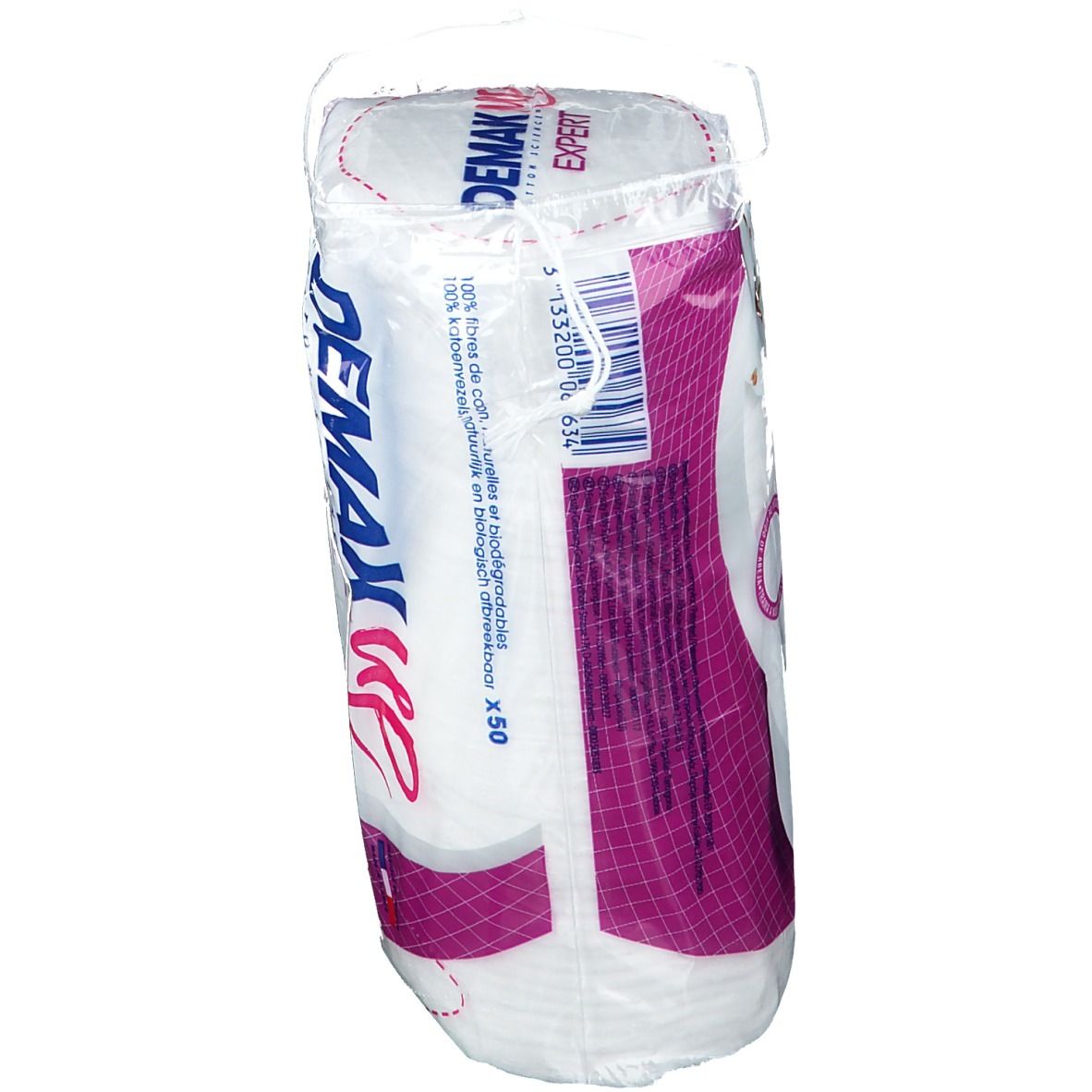 Confezione Demak'Up Baumwoll-Pads Duo. Pads in pellicola. Testo: 'Expert', 'Cotton Science', 'Ultra efficace'.