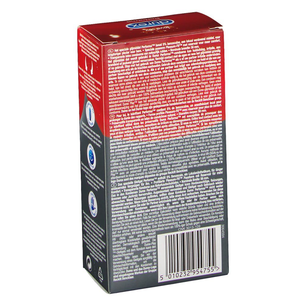 Retro della confezione Durex Performa. Testo multilingue, codice a barre e marchio CE.