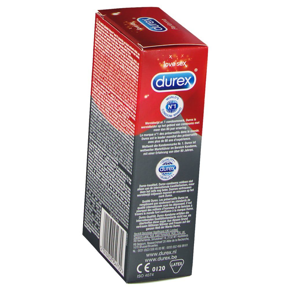Vista laterale della confezione Durex Performa. Logo, testo e marchio CE. Contiene lattice.