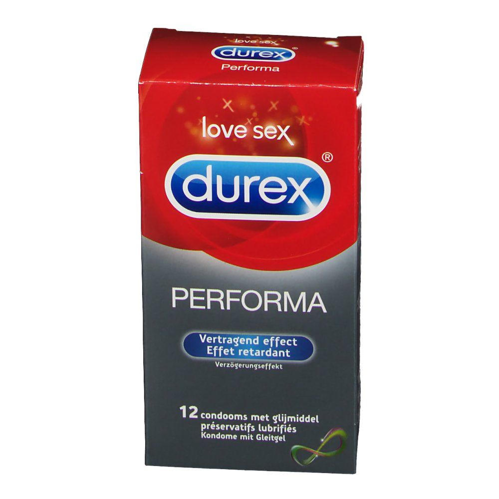 Confezione Durex Performa. Scatola rossa e grigia con logo e nome del prodotto. 12 preservativi.