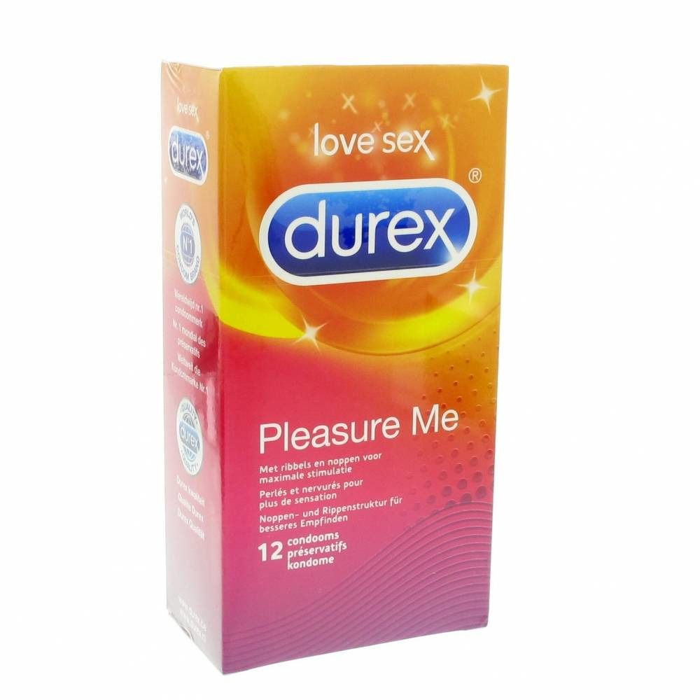 Confezione di preservativi Durex Pleasure Me. 12 profilattici. Testo in tedesco, olandese e francese. Logo Durex visibile.