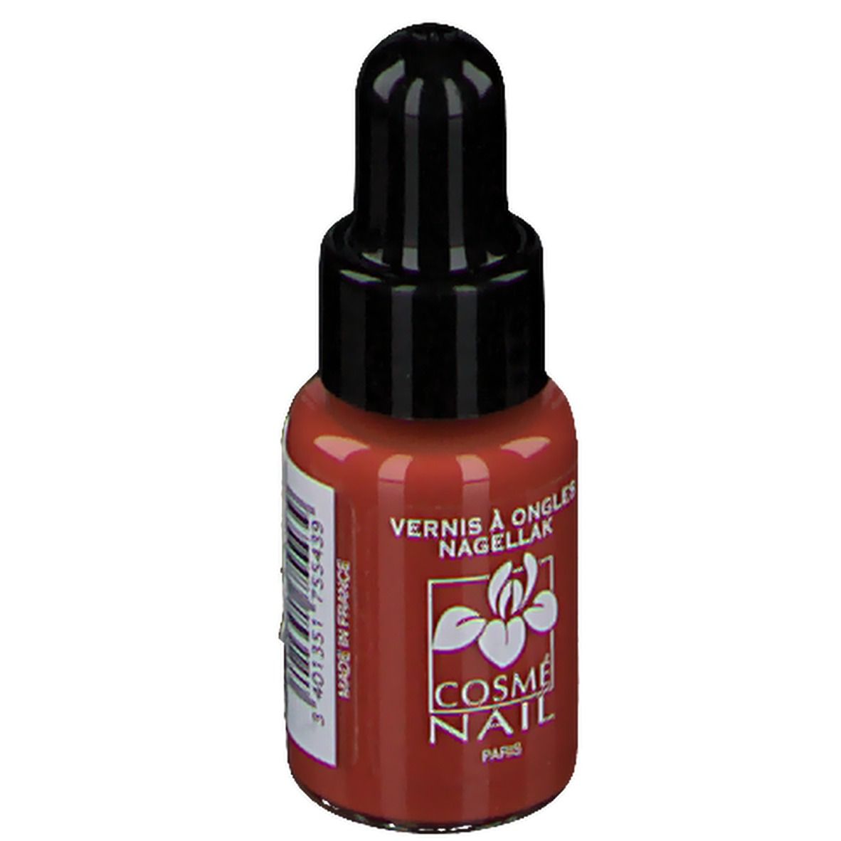 Flacone di smalto con tappo nero. Scritta: Cosmé Nail Paris. Codice a barre e testo: Made in France.