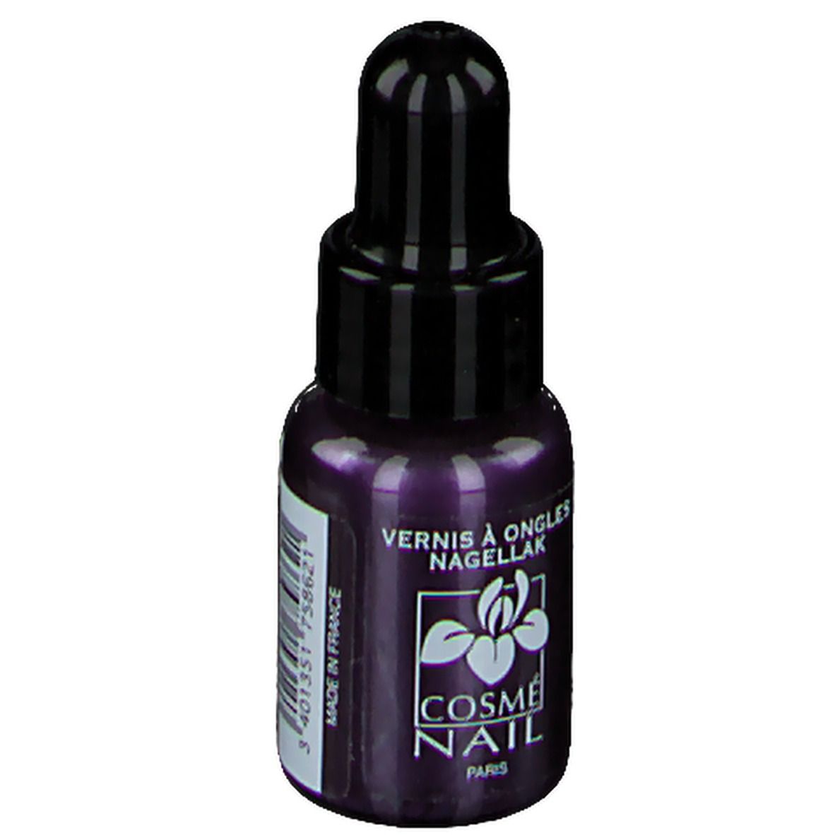 Flacone di smalto per unghie, viola. Tappo nero. Scritta: Cosmé Nail, Paris. Made in France. Codice a barre.