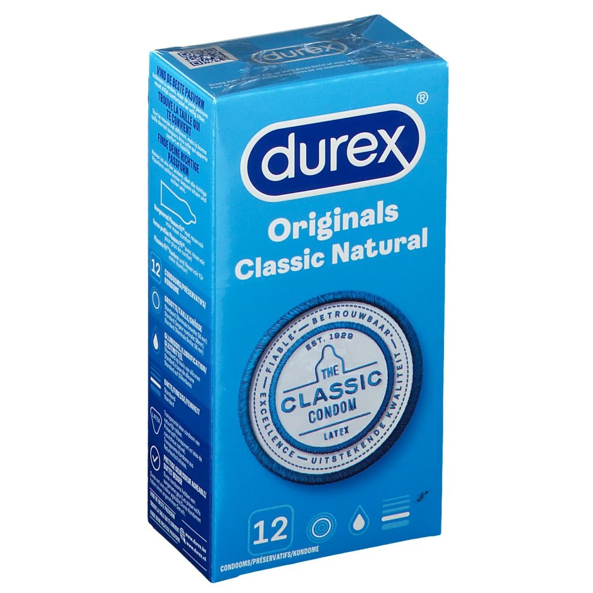 Preservativi Durex Classic Natural, informazioni dettagliate sulla confezione. Testo in tedesco, francese, italiano e olandese.