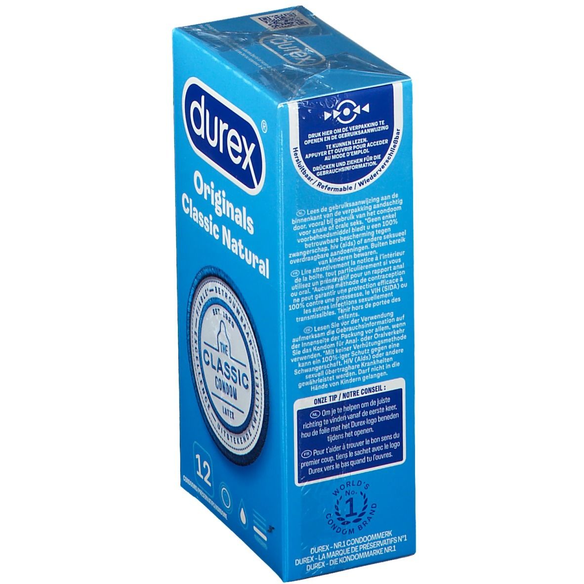 Retro della confezione di preservativi Durex Classic Natural. Informazioni su ingredienti, qualità e riciclaggio.