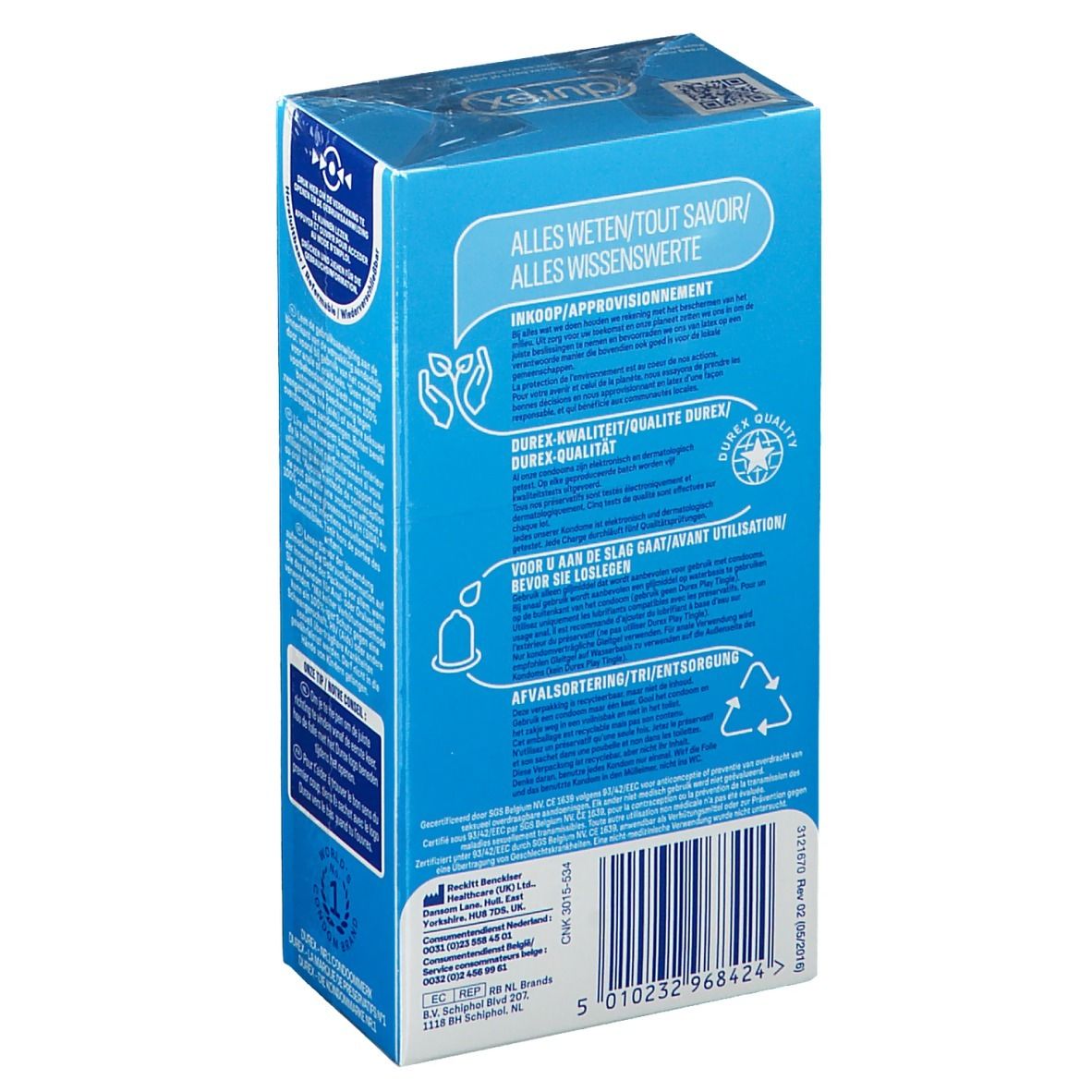 Confezione di preservativi Durex Classic Natural, vista laterale. Informazioni su dimensioni, lubrificante e spessore.