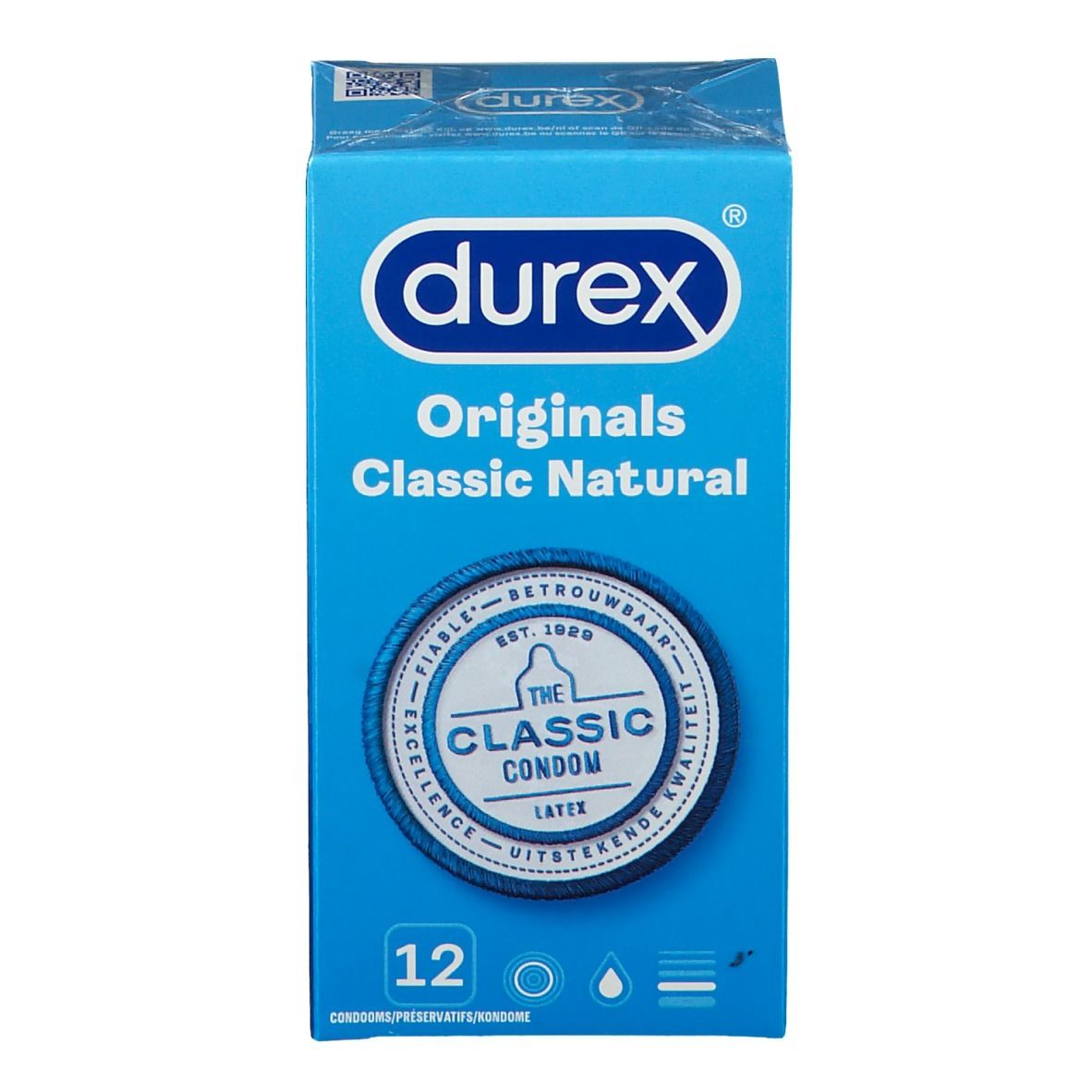 Confezione di preservativi Durex Classic Natural. Logo e nome del prodotto. 12 pezzi.
