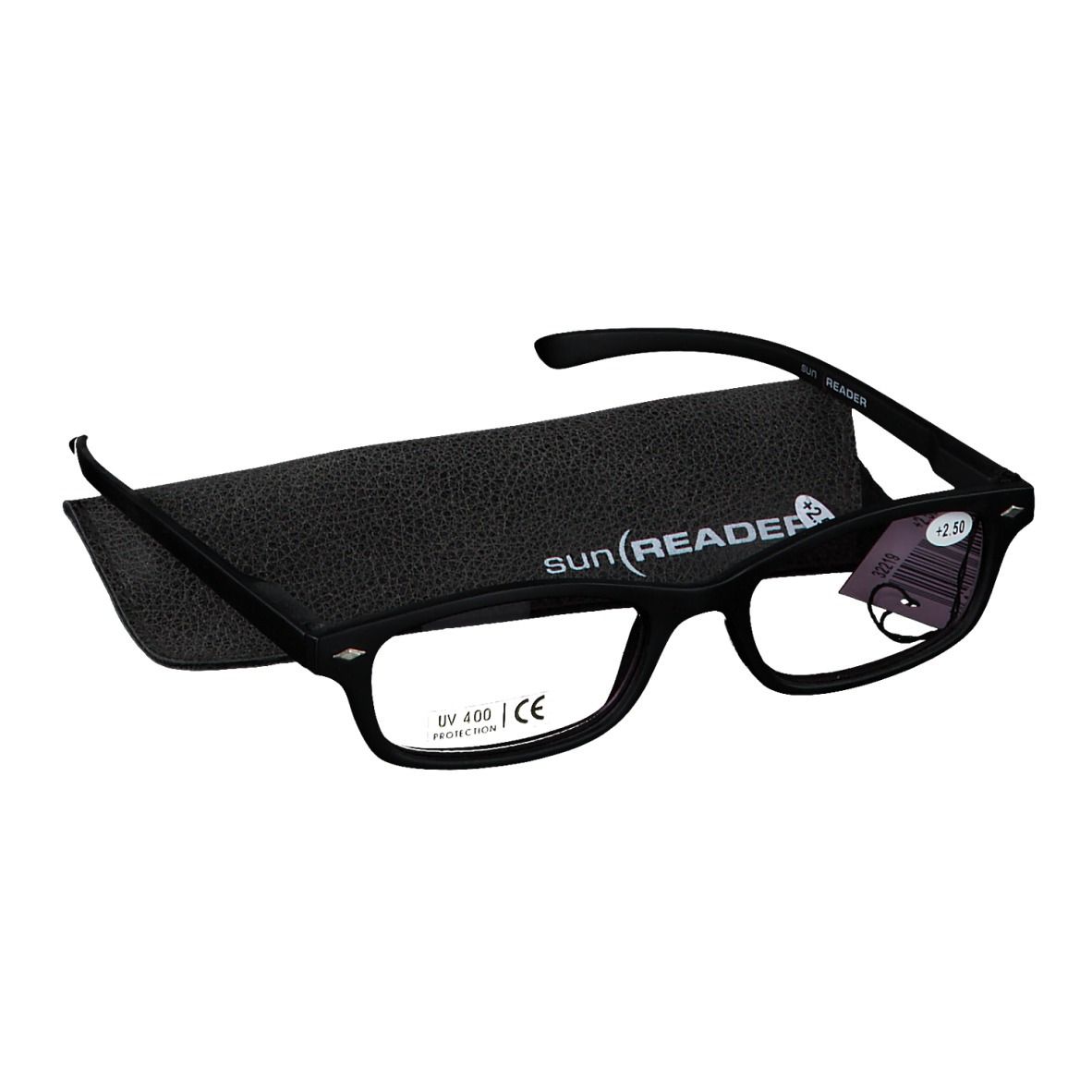 Occhiali da lettura solari neri con custodia. Occhiali con montatura nera e lenti rettangolari. Custodia con logo SUN READER.