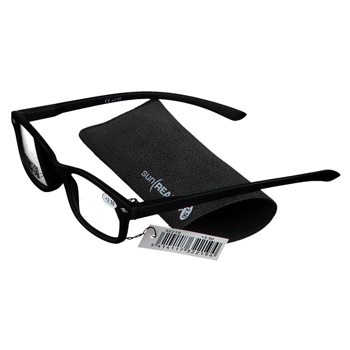 Occhiali da lettura solari neri con custodia ed etichetta prezzo. Montatura nera, lenti rettangolari. Custodia con logo SUN READER.