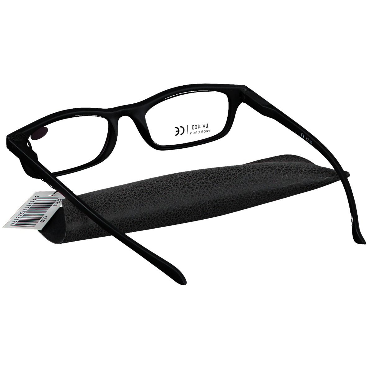 Occhiali da lettura solari neri con custodia ed etichetta prezzo. Montatura nera, lenti rettangolari. Custodia con logo SUN READER.