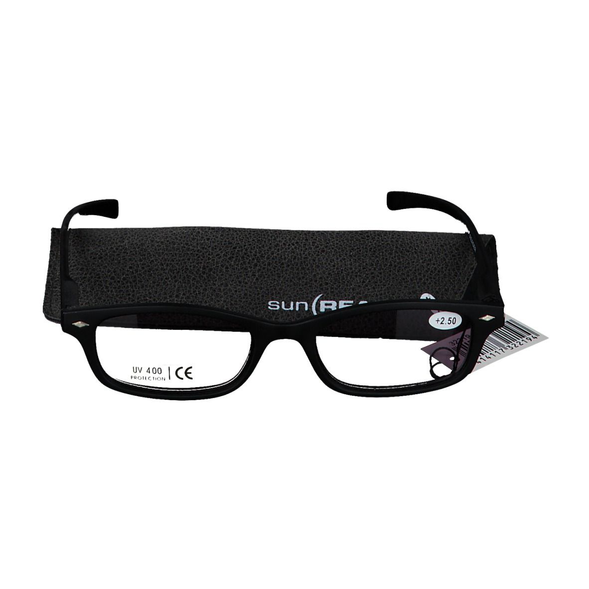 Occhiali da lettura solari neri con custodia ed etichetta prezzo. Montatura nera, lenti rettangolari. Custodia con logo SUN READER.