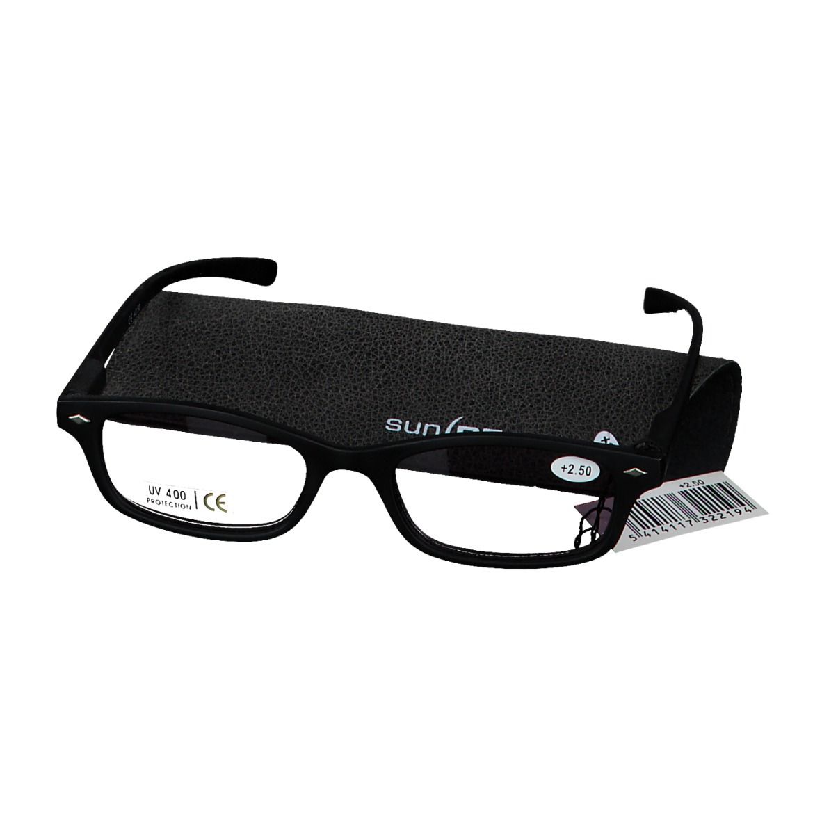 Occhiali da lettura solari neri con custodia ed etichetta prezzo. Montatura nera, lenti rettangolari. Custodia con logo SUN READER.