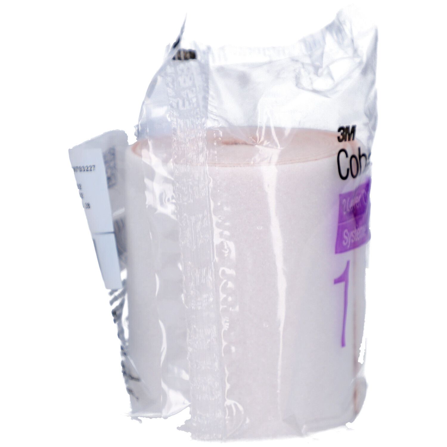 Rotolo confezionato 3M Coban 2. Scritta: 1. Benda bianca, accento viola. In pellicola. Informazioni sul prodotto su un'etichetta.