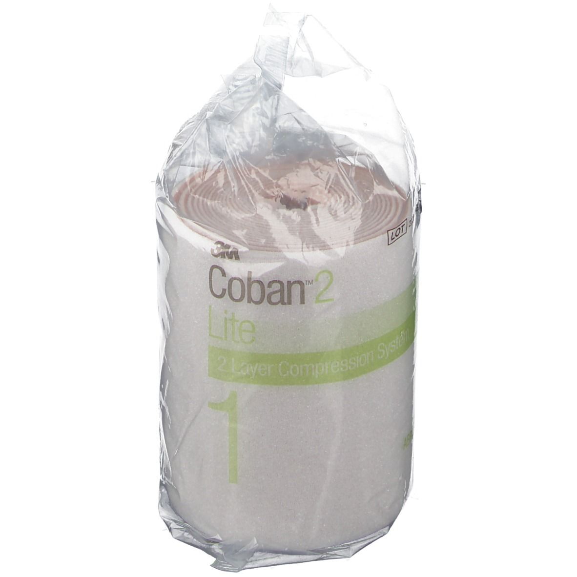 Rotolo di benda in confezione di plastica. Codice a barre ed etichetta con informazioni. Confezione trasparente.